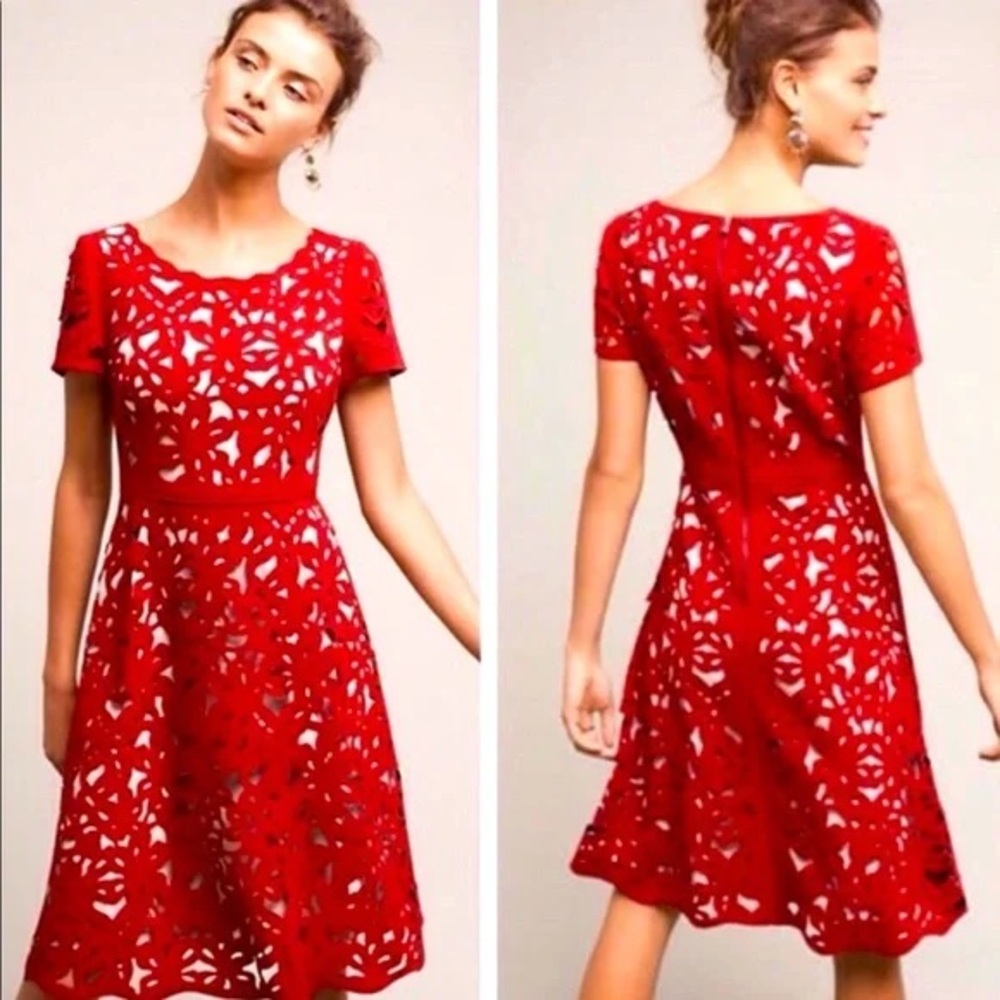 Anthropologie Moulinette Soeurs Red Laser Cut Dress Size 4 - Picture 7 of 7